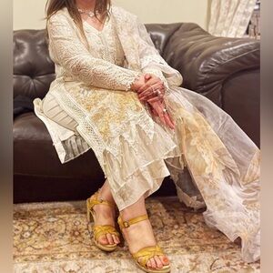 Pakistani original designer Sana Safinaz beige and mustard Embroidered suit